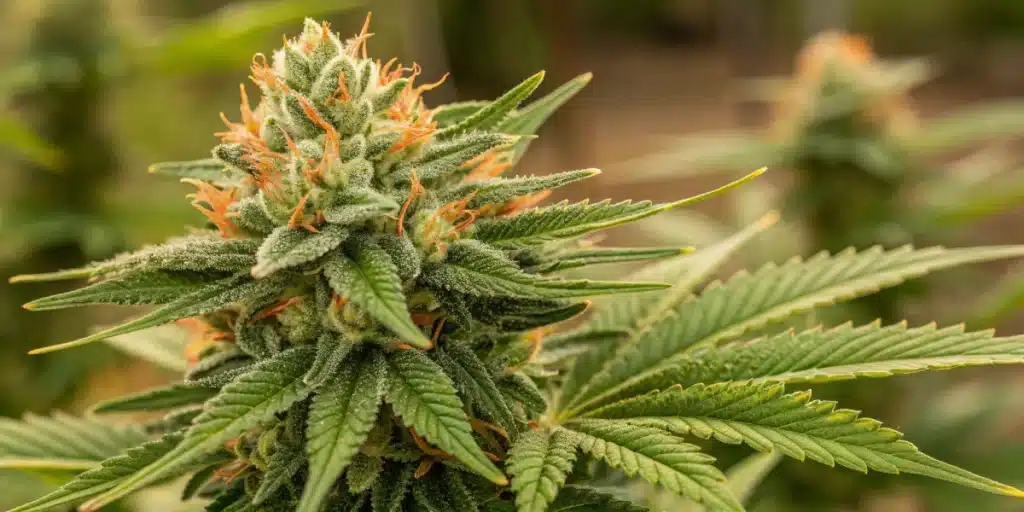 Fully bloomed Banana Zkittlez cannabis plant showcasing dense, resinous buds with vibrant green and orange colors.