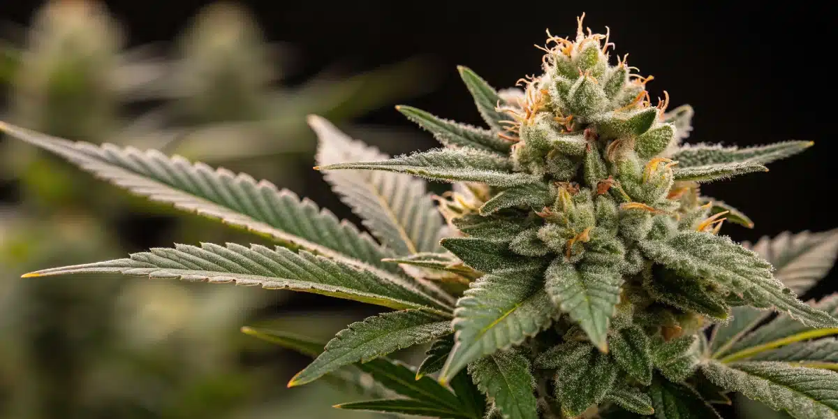 Macro image of Banana Zkittlez buds covered in frosty trichomes, indicating high potency and premium quality.