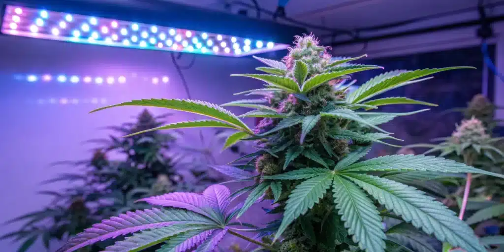 Blue Dream Auto, the best strain for happiness, showcasing its frosty trichomes and colorful buds under optimized indoor lighting.