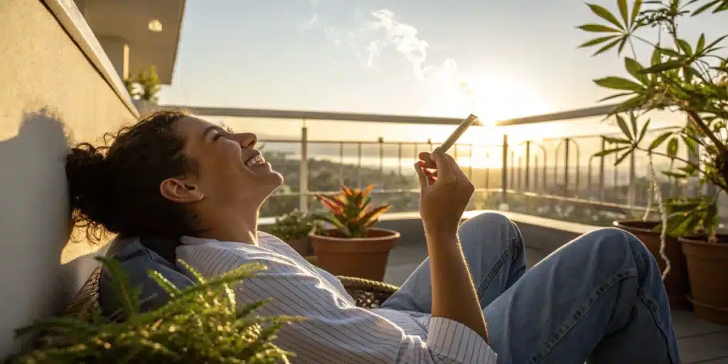 A cannabis user enjoying Sour Diesel Auto, known as the best strain for happiness, in a peaceful outdoor setting.