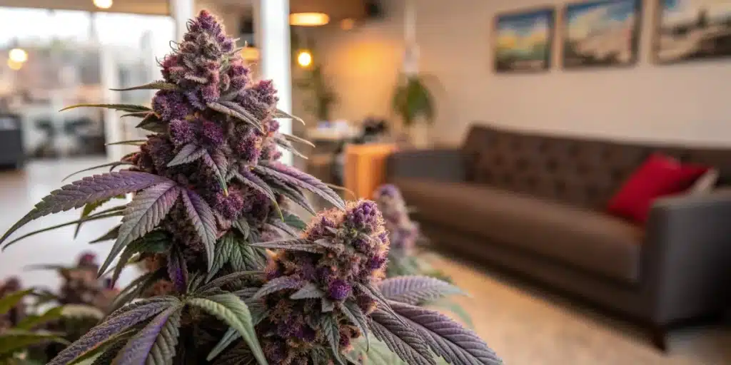 Granddaddy Purple Auto, considered the best strain for happiness, displaying rich purple hues and resinous buds for relaxation and mood enhancement.