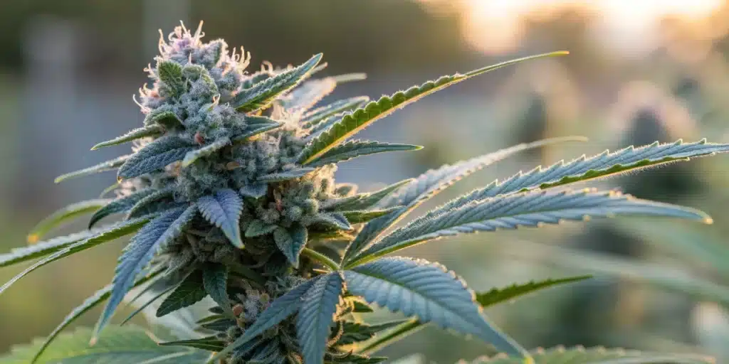Close-up of a Blueberry Autoflower bud with detailed trichomes and blue hues.