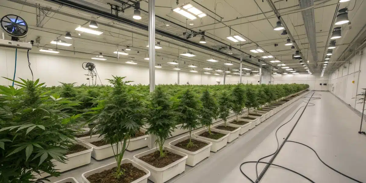 Greenhouse interior with rows of Blueberry Autoflower plants under controlled conditions.