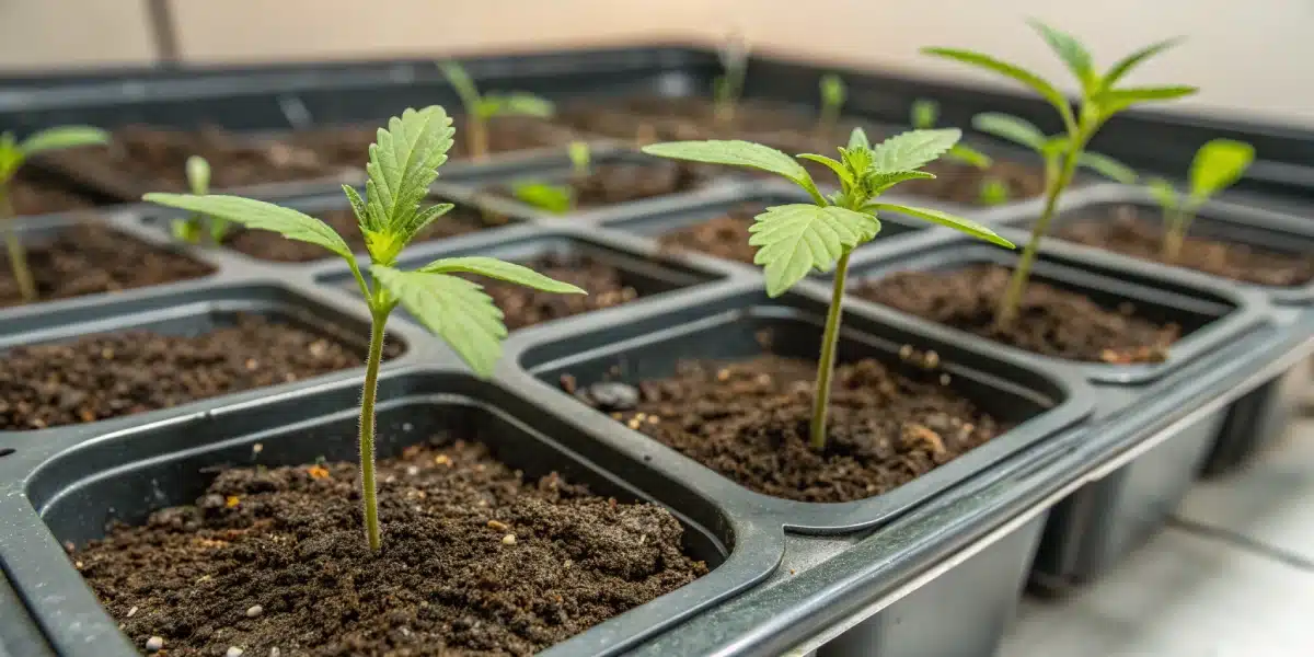 Blueberry Autoflower seedlings sprouting in a tray with nutrient-rich soil.