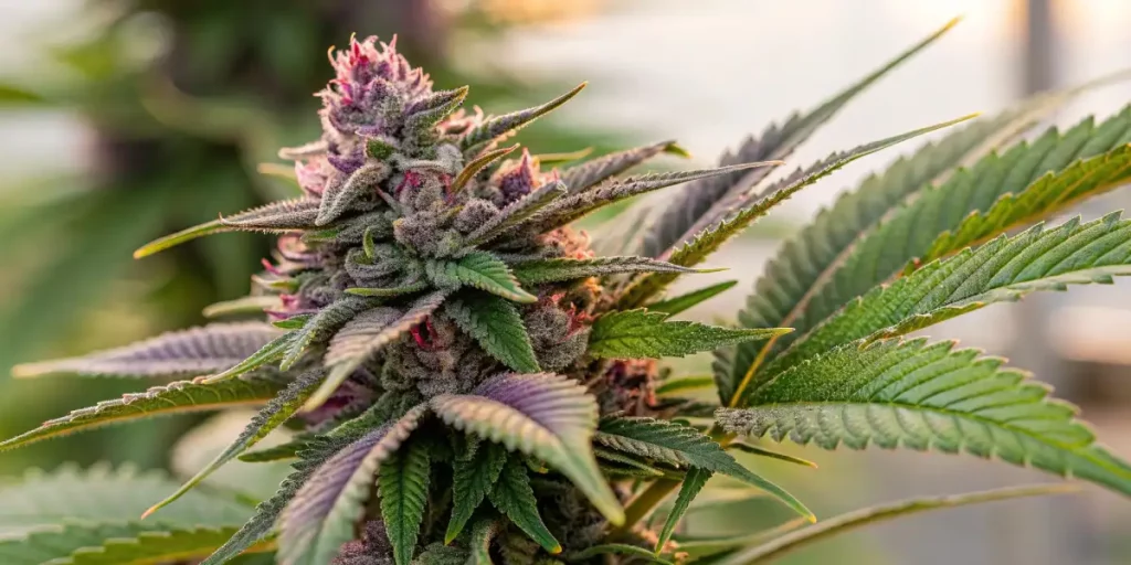 Healthy cannabis plant outdoors, showcasing lush green leaves.