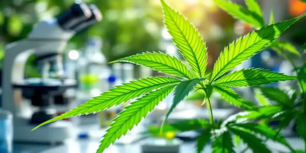 Cannabis leaf in a laboratory setting highlighting research on the potential benefits of cannabis for PTSD treatment.