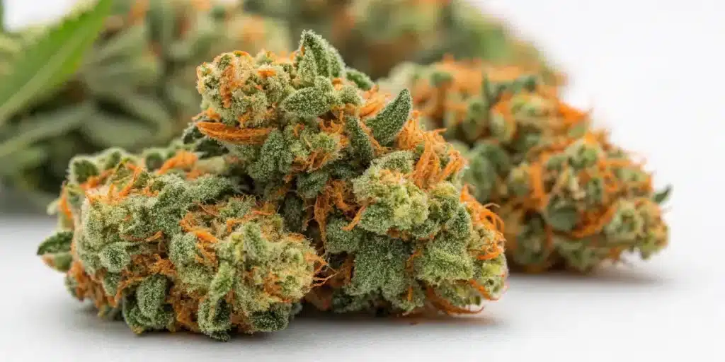 Cheese Cookies strain buds with dense green structure, orange pistils, and a frosty layer of trichomes, displayed on a white surface.