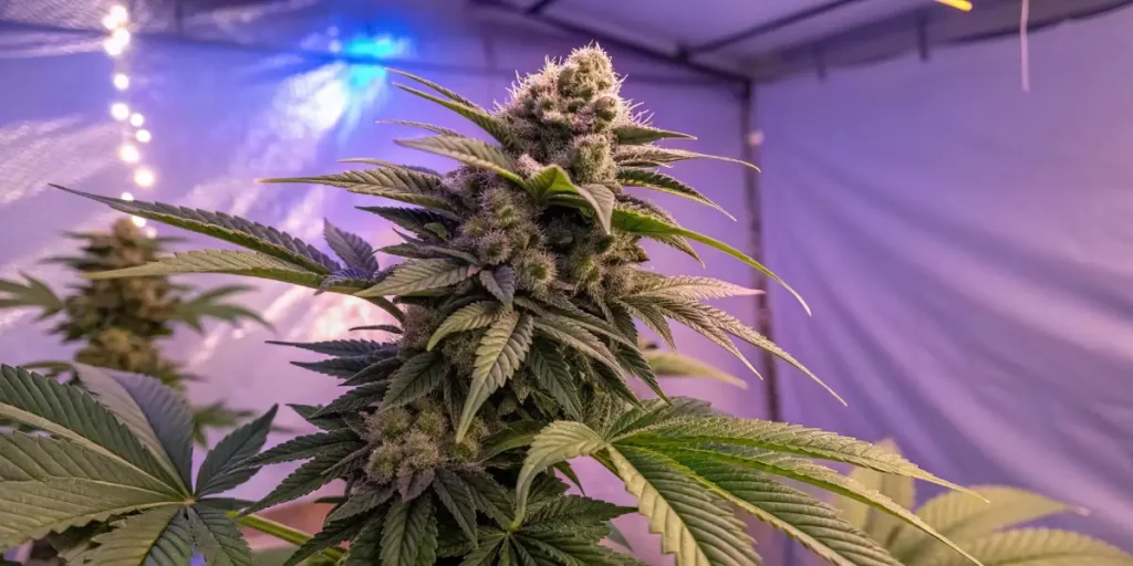 A Cheese Cookies cannabis plant in an indoor grow tent, displaying dense buds covered in frosty trichomes with deep green leaves.