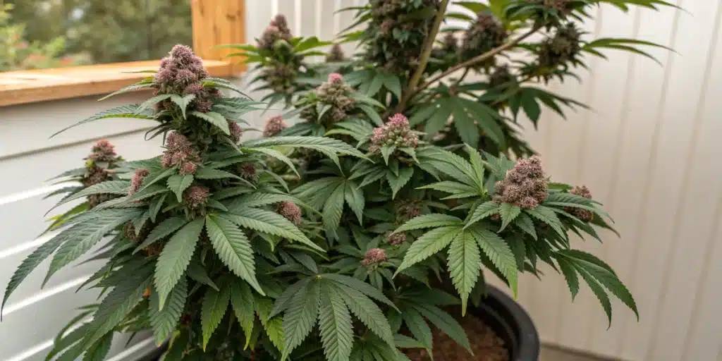 Side view of a Cherry Pie Autoflower plant with a dense canopy of resinous buds.