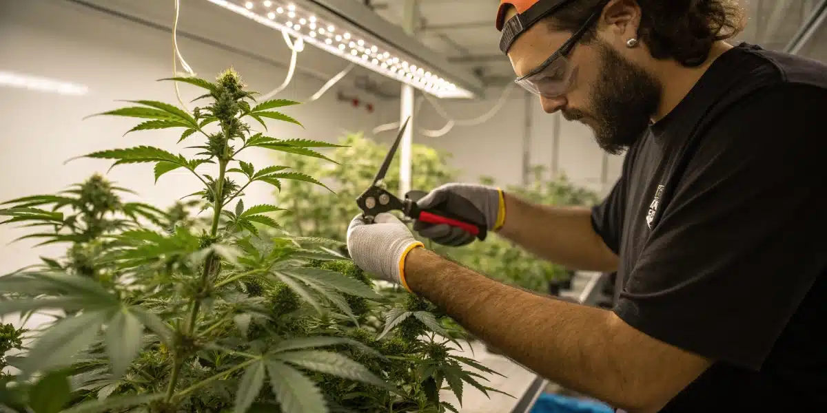 Grower trimming a Cherry Pie Autoflower plant indoors with precise pruning.