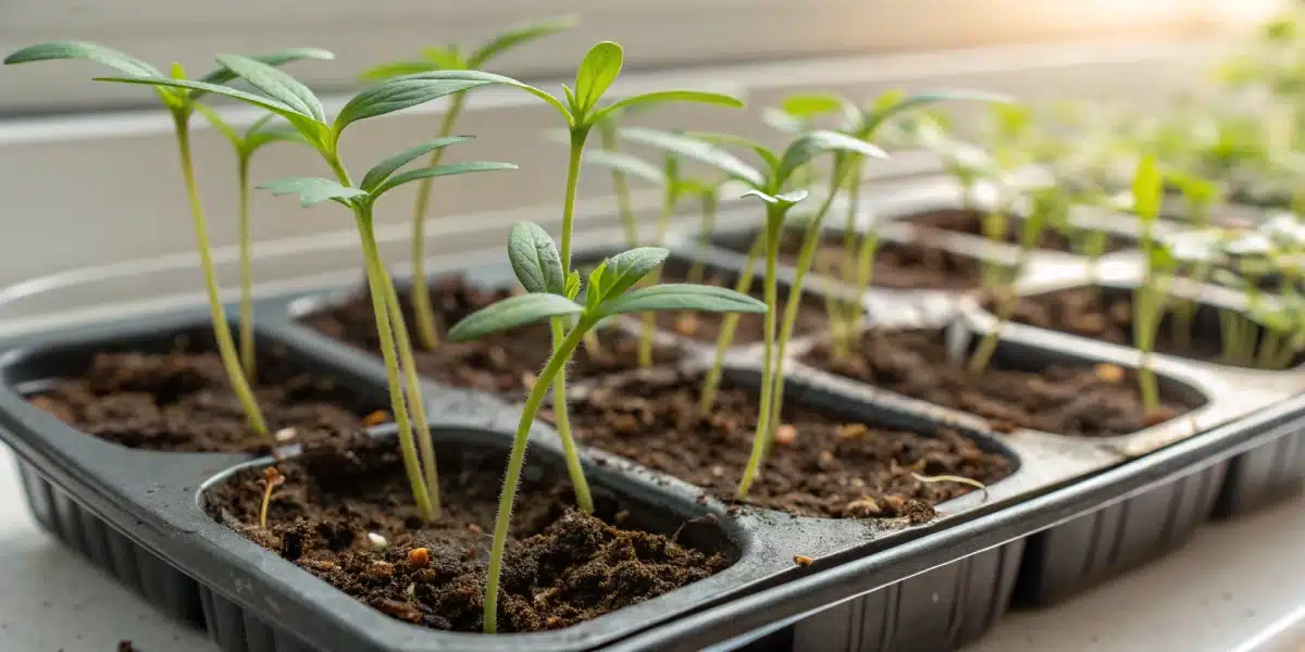 Seedlings of Cherry Pie Autoflower sprouting in a tray with gentle lighting.