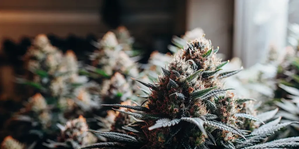 Close-up of a frosted cannabis bud with orange pistils and resin-covered trichomes.