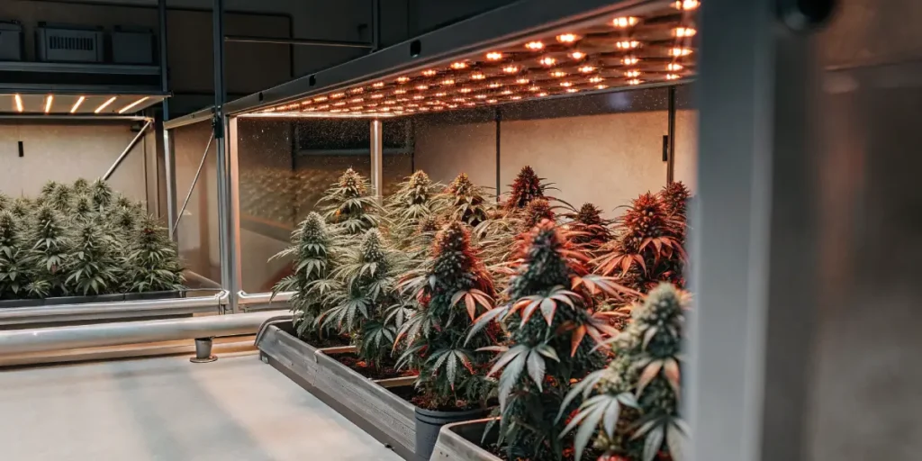 Hyper-realistic digital illustration of an indoor cannabis grow room with plants in various stages, under bright red and white grow lights, and transparent panels.