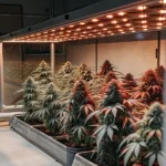 Hyper-realistic digital illustration of an indoor cannabis grow room with plants in various stages, under bright red and white grow lights, and transparent panels.