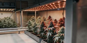 Hyper-realistic digital illustration of an indoor cannabis grow room with plants in various stages, under bright red and white grow lights, and transparent panels.