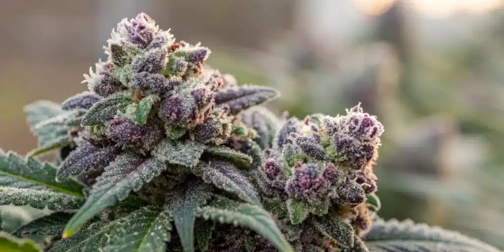 Close-up of Cookies and Cream buds with sparkling trichomes and distinctive colors.