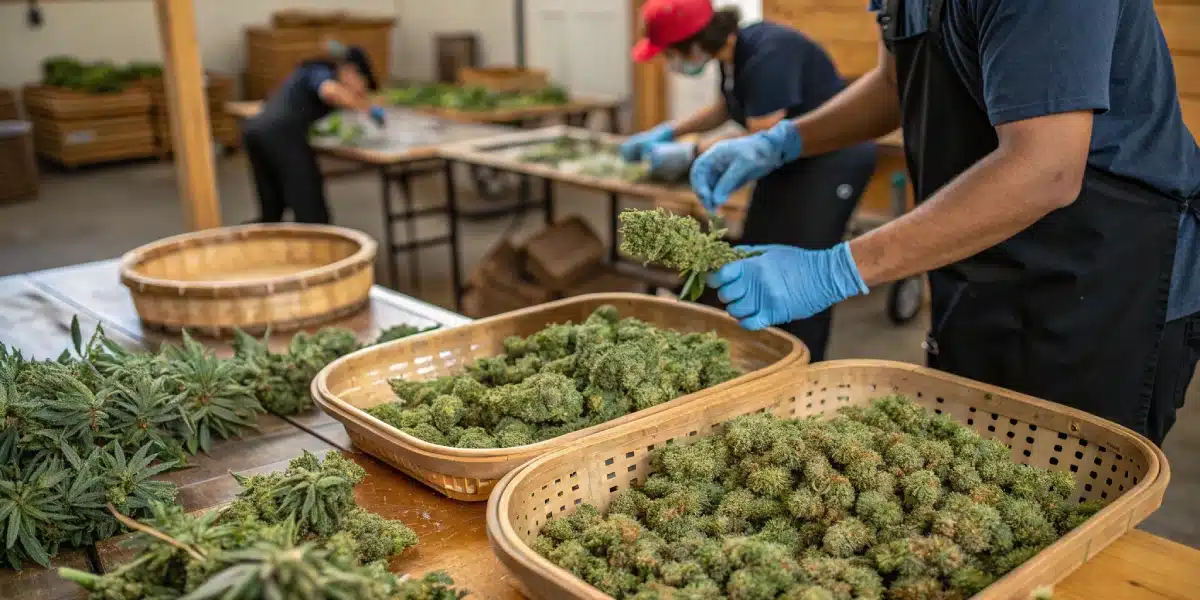 Workers trimming and sorting cannabis buds in a processing facility