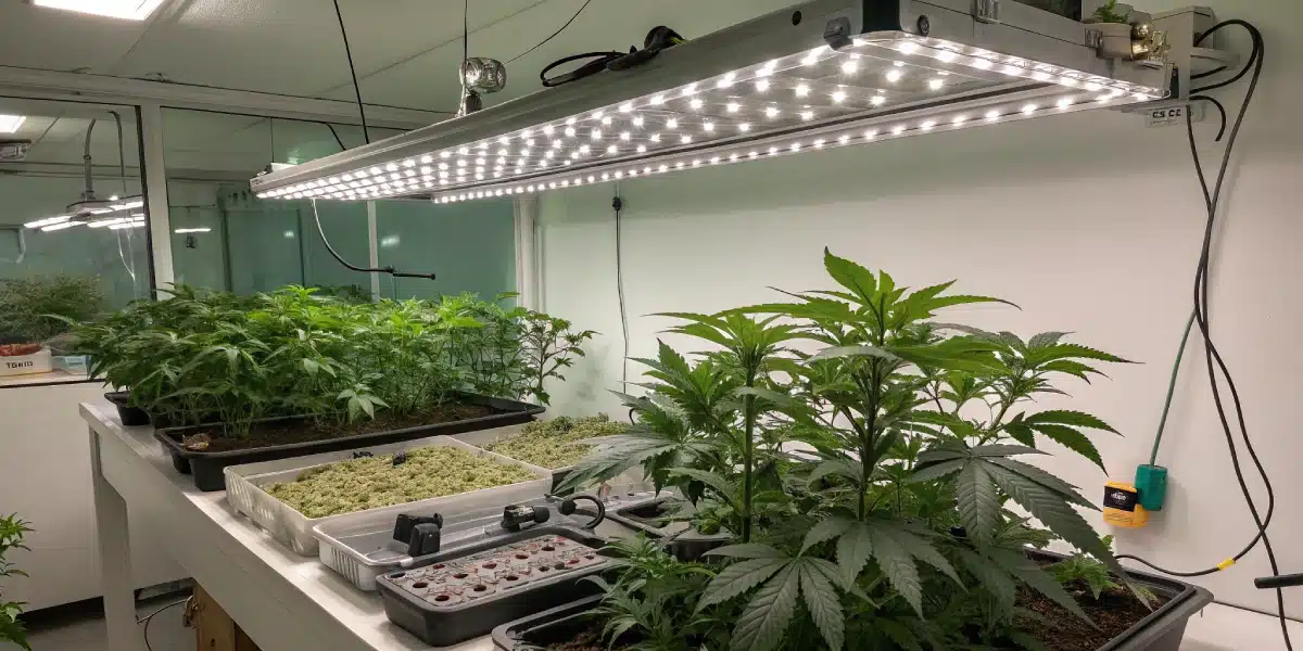 Cannabis plants growing under LED lights in a controlled indoor environment