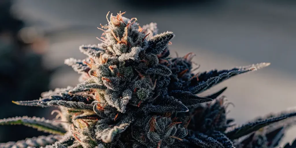 Frosted cannabis bud with vibrant orange hairs and trichomes under soft natural light.