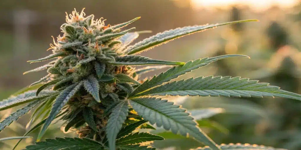 Close-up of a dense GG4 autoflower cannabis bud with prominent orange pistils, bathed in golden light.