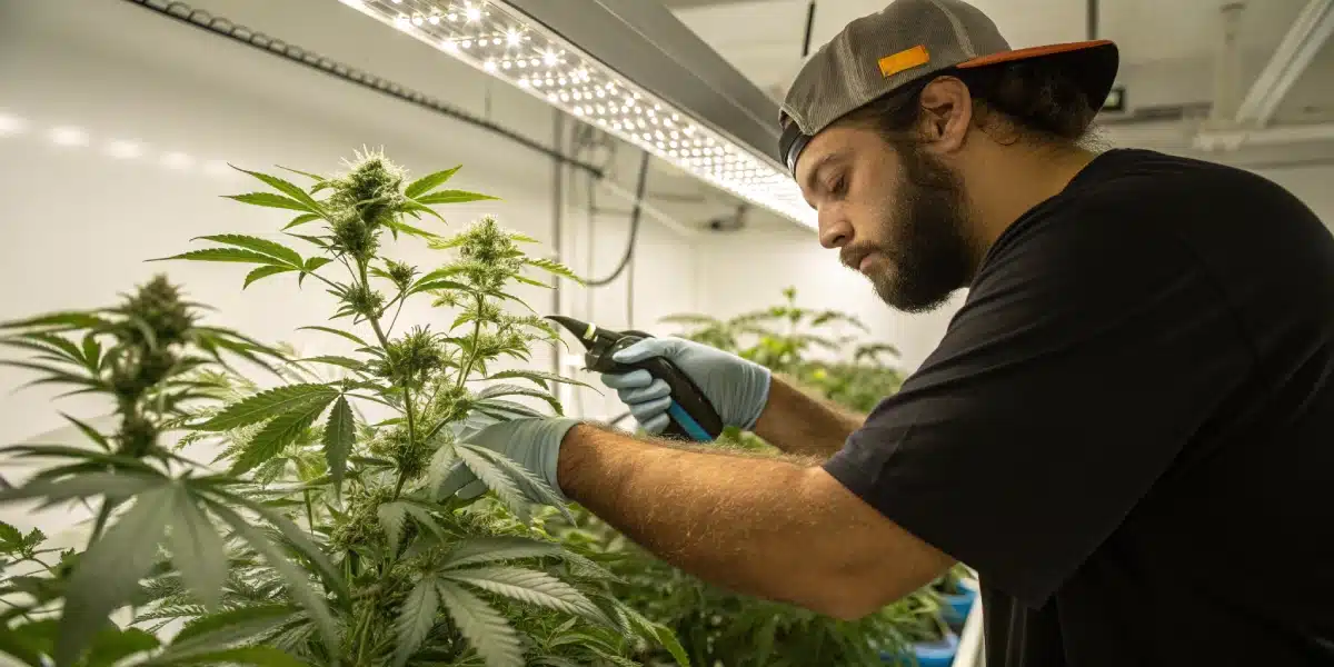 Grower in gloves and hat trimming GG4 autoflower cannabis plant under bright grow lights.