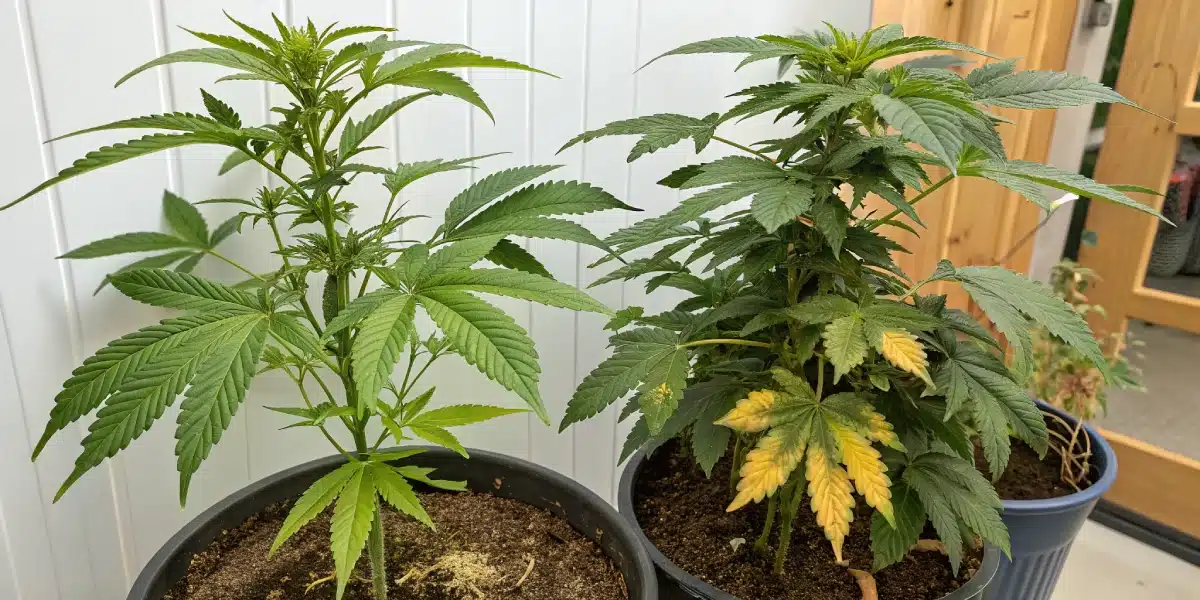 Two potted GG4 autoflower cannabis plants, one healthy green and one with yellowing leaves, illustrating troubleshooting needs.