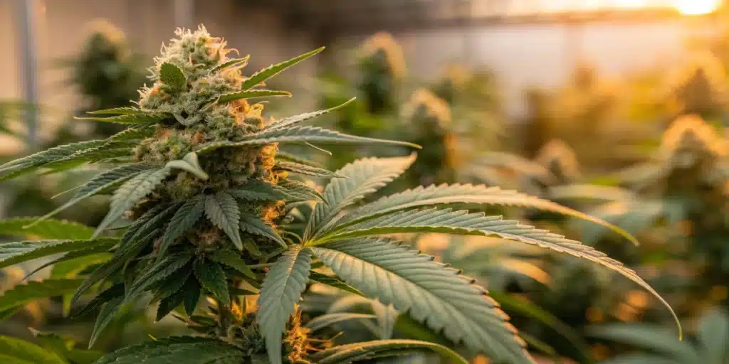 Close-up of sparkling Girl Scout Cookies Autoflower buds showcasing vibrant trichomes.