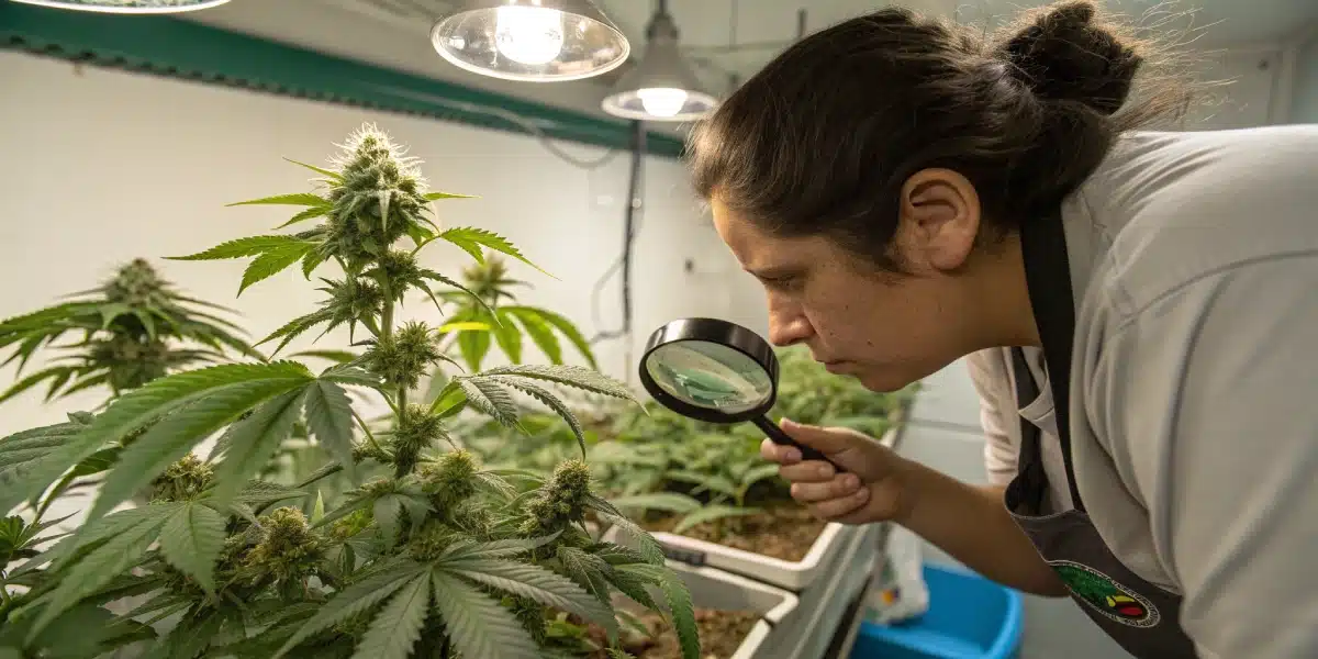 Grower examining a mature Girl Scout Cookies Autoflower plant with a magnifying glass.