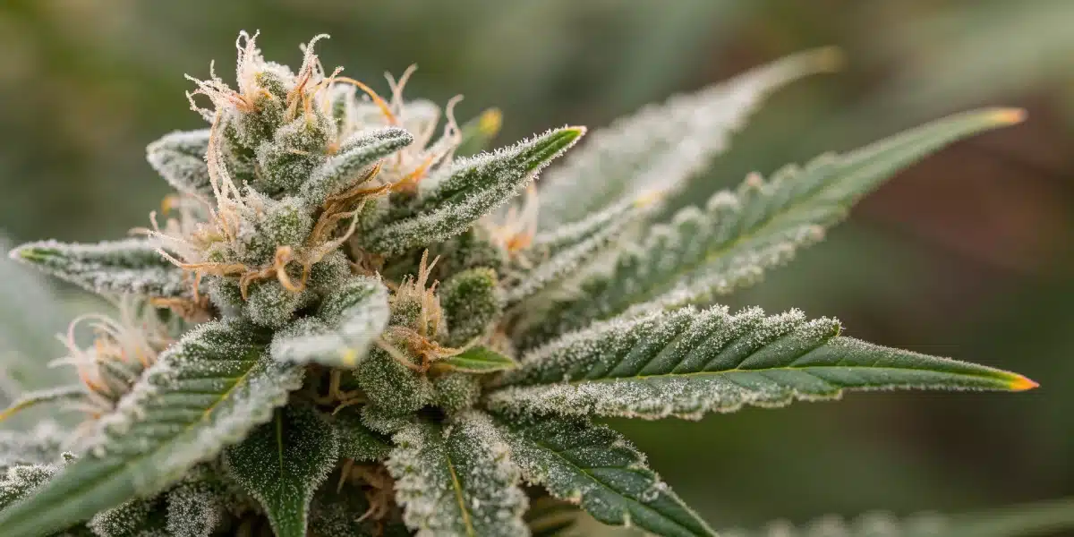 Macro close-up of detailed trichomes on fully flowering Girl Scout Cookies Autoflower buds.