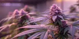 Close-up of vivid purple autoflower cannabis buds with sparkling trichomes.