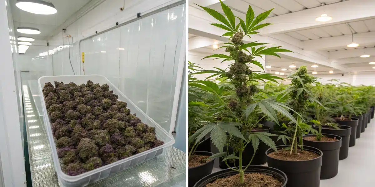 Comparison of autoflower cannabis seeds and mature Granddaddy Purple Auto plants in a greenhouse.