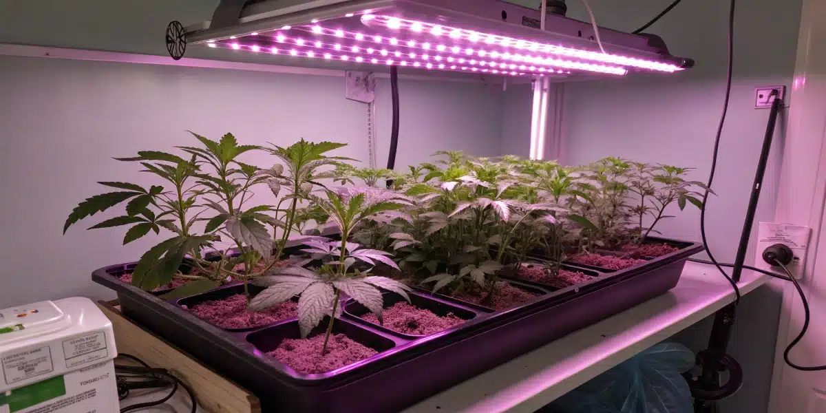 Indoor grow room with LED lighting and healthy Granddaddy Purple Auto cannabis plants.