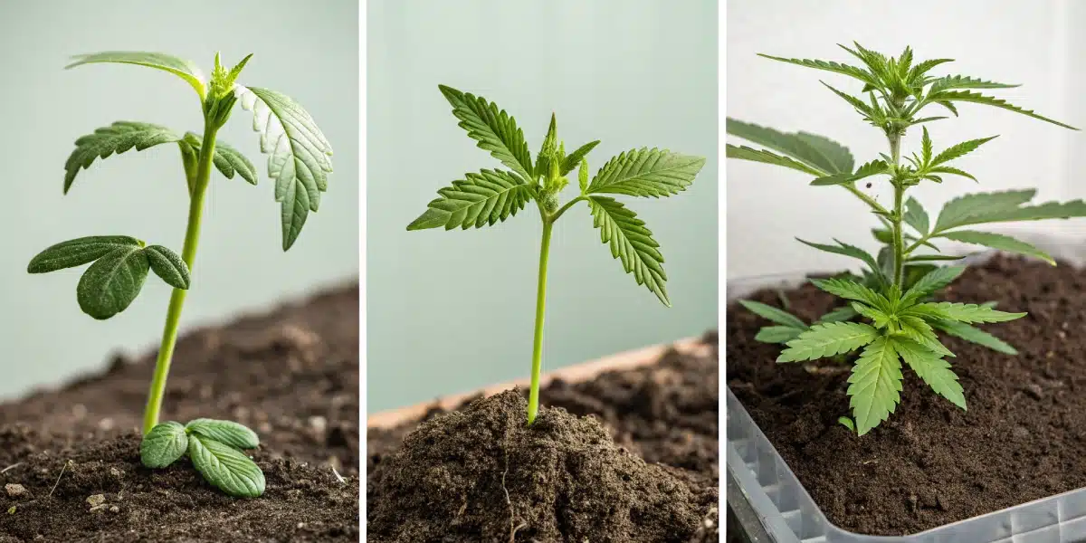 Early growth stages of Green Crack Auto cannabis seedlings in soil