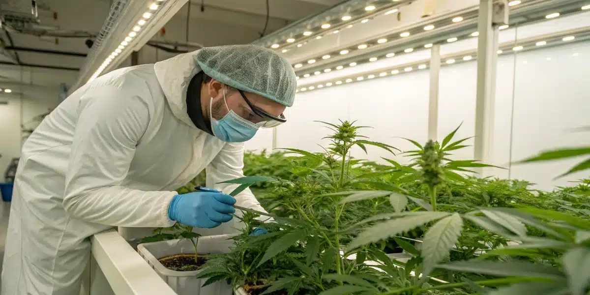 Grower examining Green Crack Auto cannabis plants in a professional indoor lab