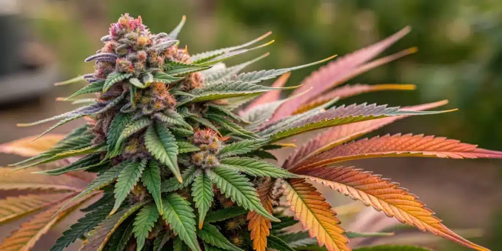 Fully bloomed Jungle Lava Strain cannabis plant showcasing dense, resinous buds with vibrant colors and a thick layer of trichomes.