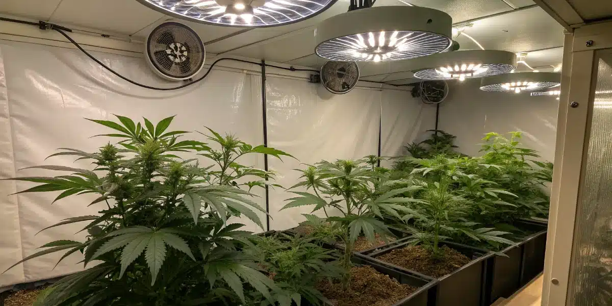 Indoor cultivation of Jungle Lava Strain with proper spacing, LED lighting, and reflective materials to enhance light distribution and plant health.