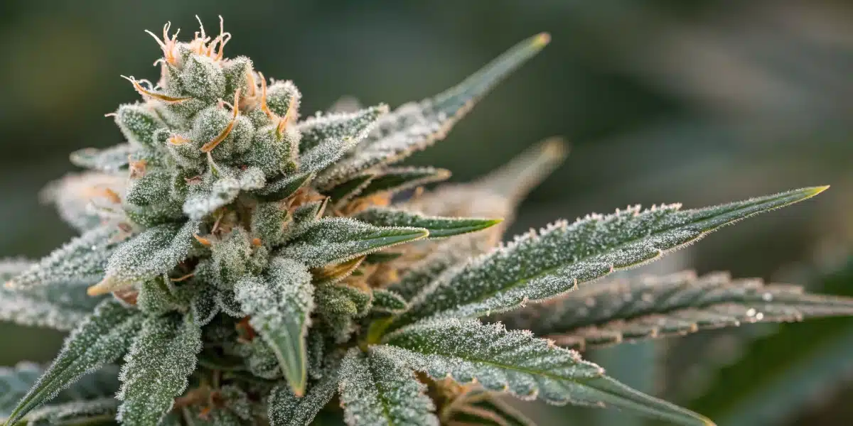 Macro image of Jungle Lava Strain buds covered in frosty trichomes, indicating high potency and premium quality.