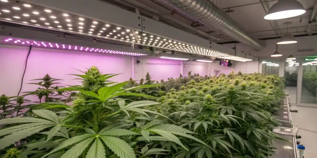 Modern indoor grow room featuring LSD Autoflower Variety cannabis plants under bright LED lighting