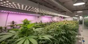 Modern indoor grow room featuring LSD Autoflower Variety cannabis plants under bright LED lighting