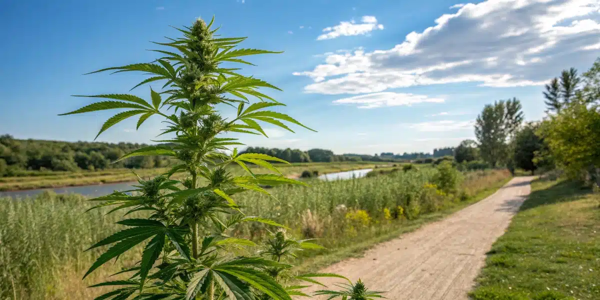 LSD Automatic Hybrid cannabis plant thriving outdoors in a sunny field with healthy, vibrant foliage.