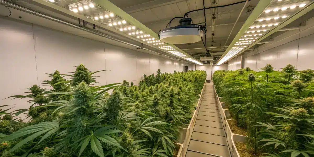 Hyper-realistic digital illustration of a large indoor cannabis grow room with rows of lush plants and prominent buds under bright overhead lights and fans, with a central aisle.