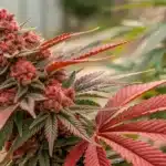 Fully bloomed Mexican Red Hair Auto cannabis plant showcasing dense buds with vibrant red pistils.