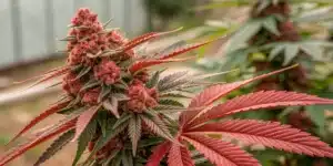 Fully bloomed Mexican Red Hair Auto cannabis plant showcasing dense buds with vibrant red pistils.