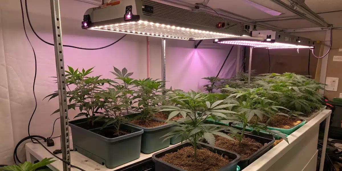Indoor cultivation of Mexican Red Hair Auto strain with proper spacing and LED lighting for optimal plant health.
