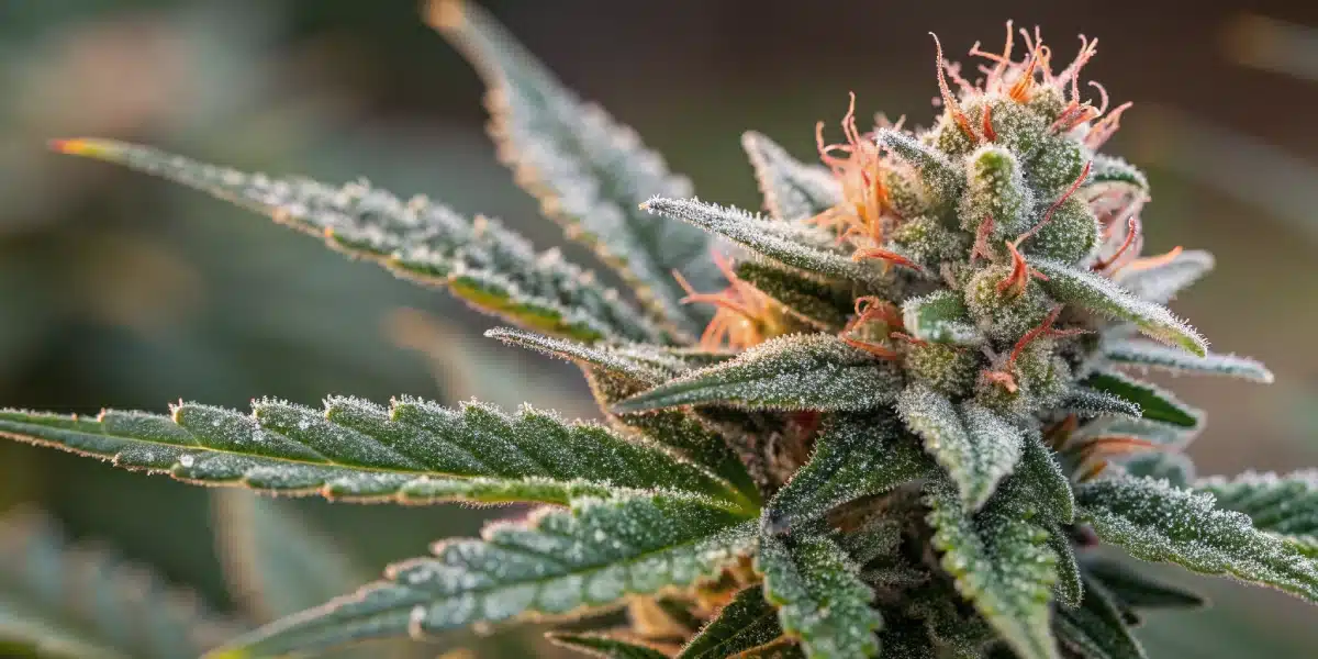 Macro image of Mexican Red Hair Auto buds covered in frosty trichomes, indicating high potency and premium quality.