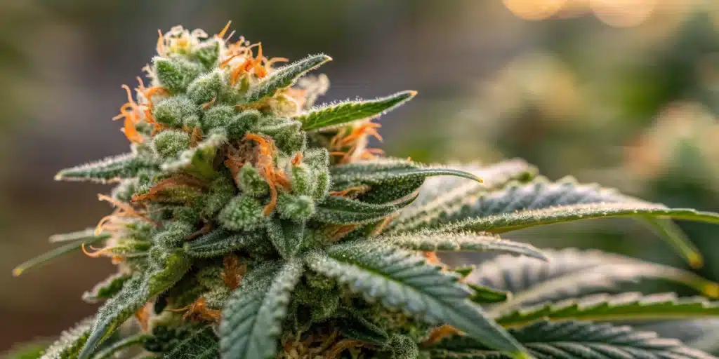 Detailed close-up of an O.G. Kush Autoflower bud showcasing vibrant trichomes and rich resin.