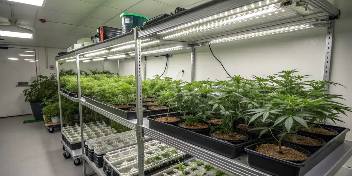 Indoor cultivation space with O.G. Kush Autoflower plants thriving under bright LED lighting in a neat environment.