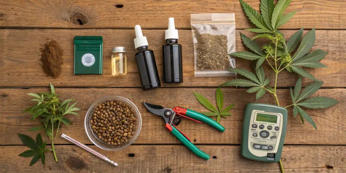 Flat lay of an O.G. Kush Autoflower grow kit with essential tools and nutrient supplies on a rustic background.