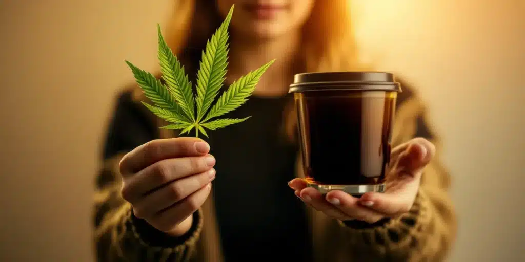 Person holding a cannabis leaf and a cup, representing the exploration of cannabis as a natural alternative for PTSD relief.