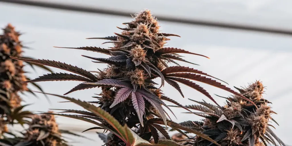 Purple cannabis bud under natural light, showcasing vibrant colors and frost-like trichomes.